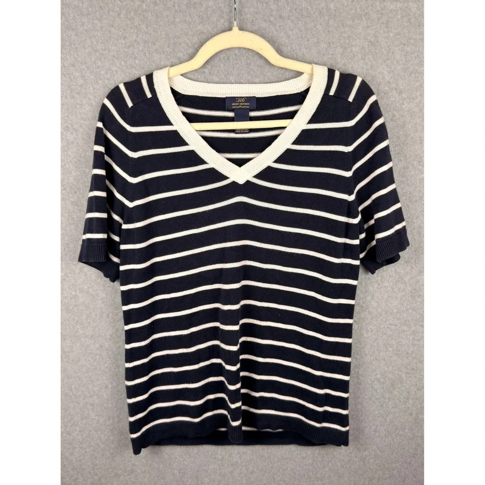 Brooks Brothers 346 Navy Blue White Striped Supima Cotton V-Neck Womens M